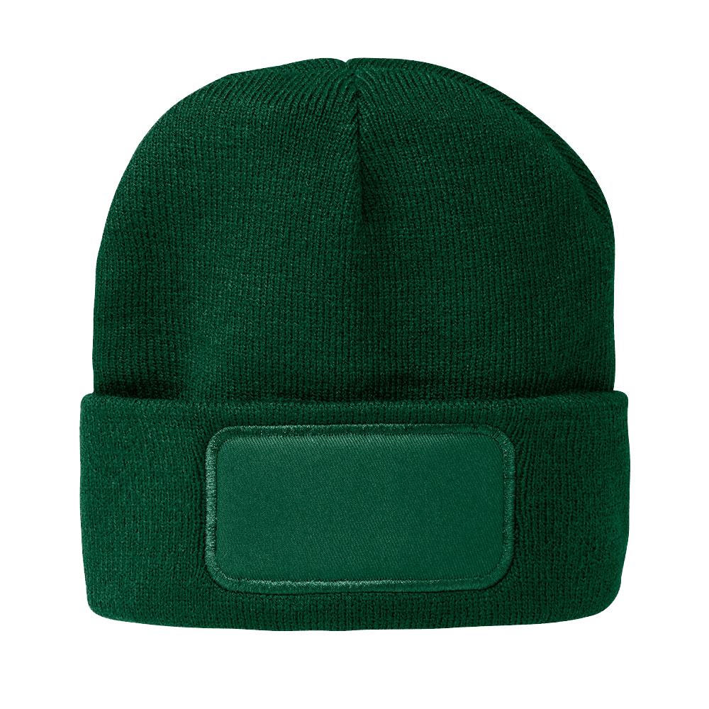 Green customizable beanie with blank patch for personalized printing or embroidery