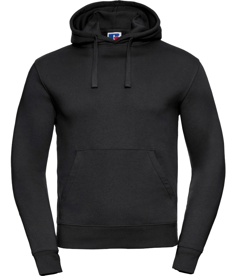 Black hoodie with drawstrings and front pocket, perfect for custom text printing.