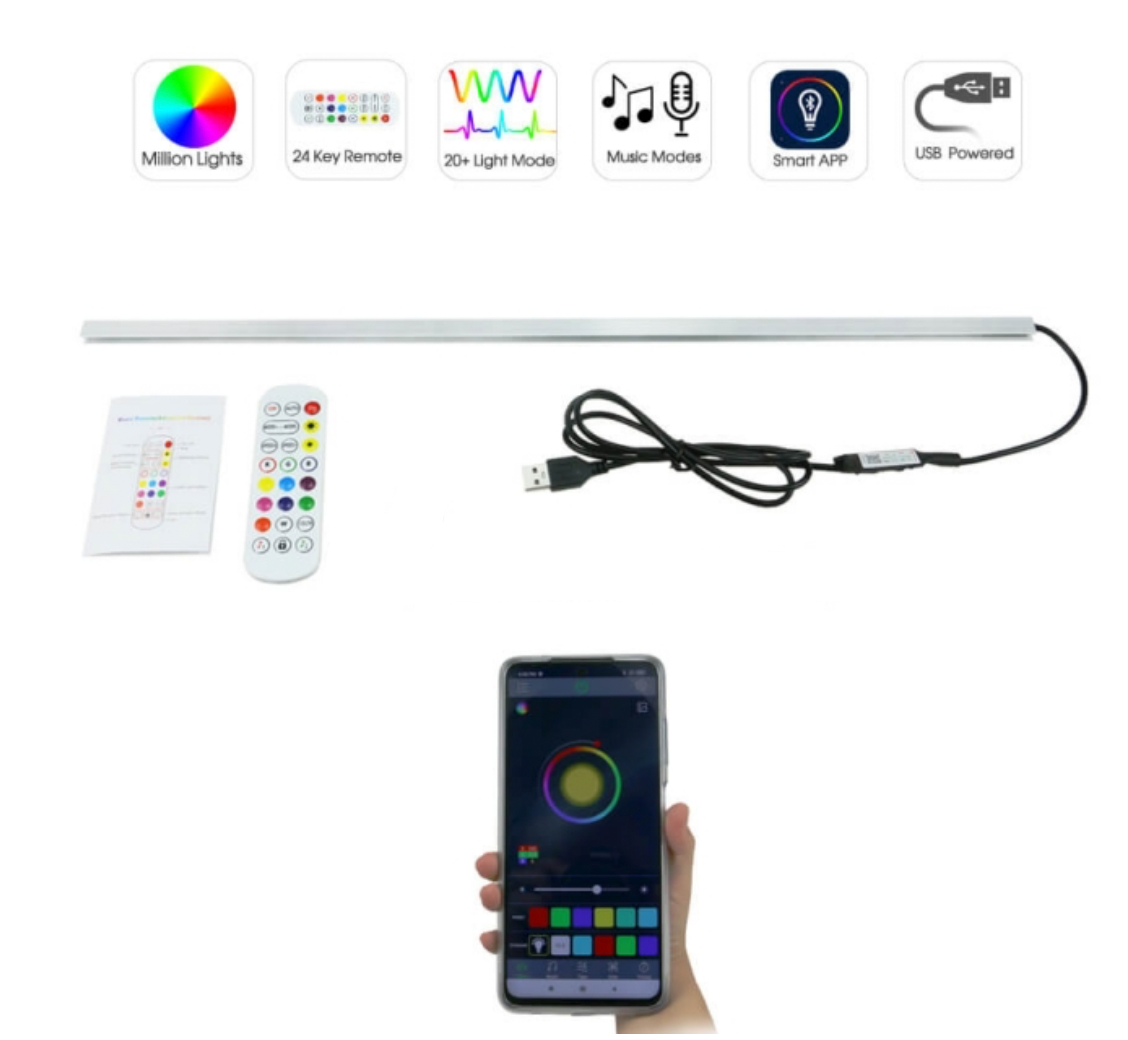 USB LED light bar set with remote, smartphone app control, and multicolor options
