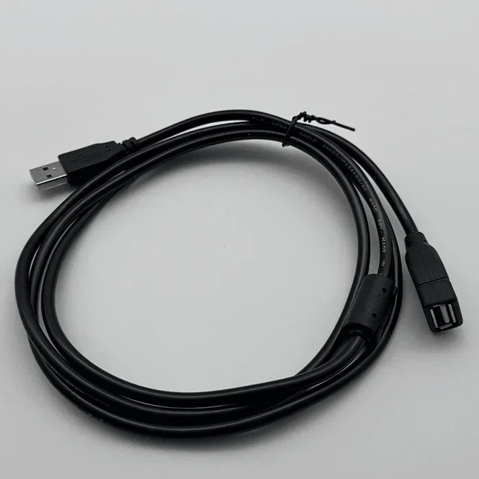 Black USB cable with standard USB-A and rectangular connector on white background
