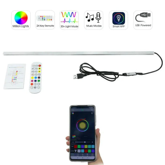 RGB LED backlit sign kit with USB cable, remote control, and smartphone app integration