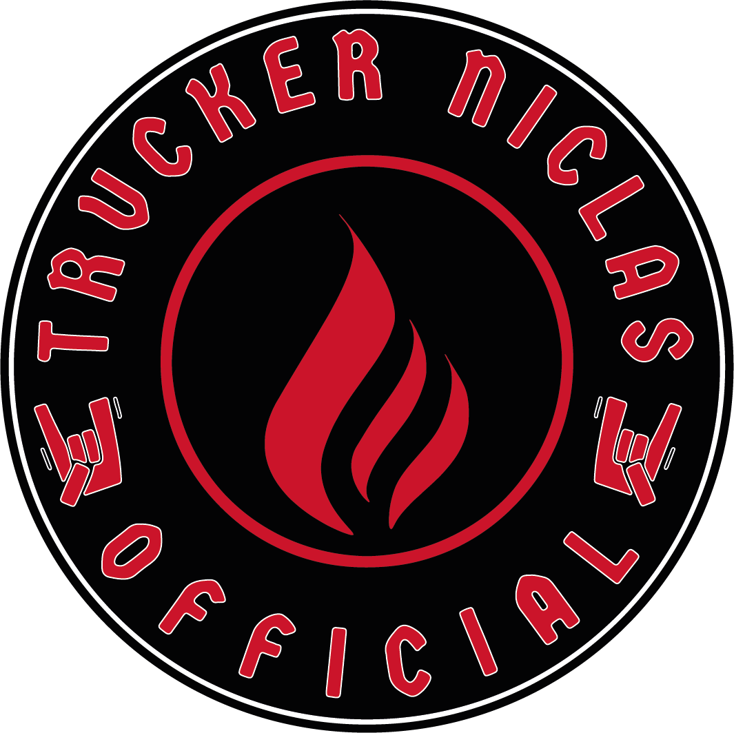 Round custom sticker with red flame icon, truck illustrations, and 'TRUCKER NICLAS OFFICIAL' text.