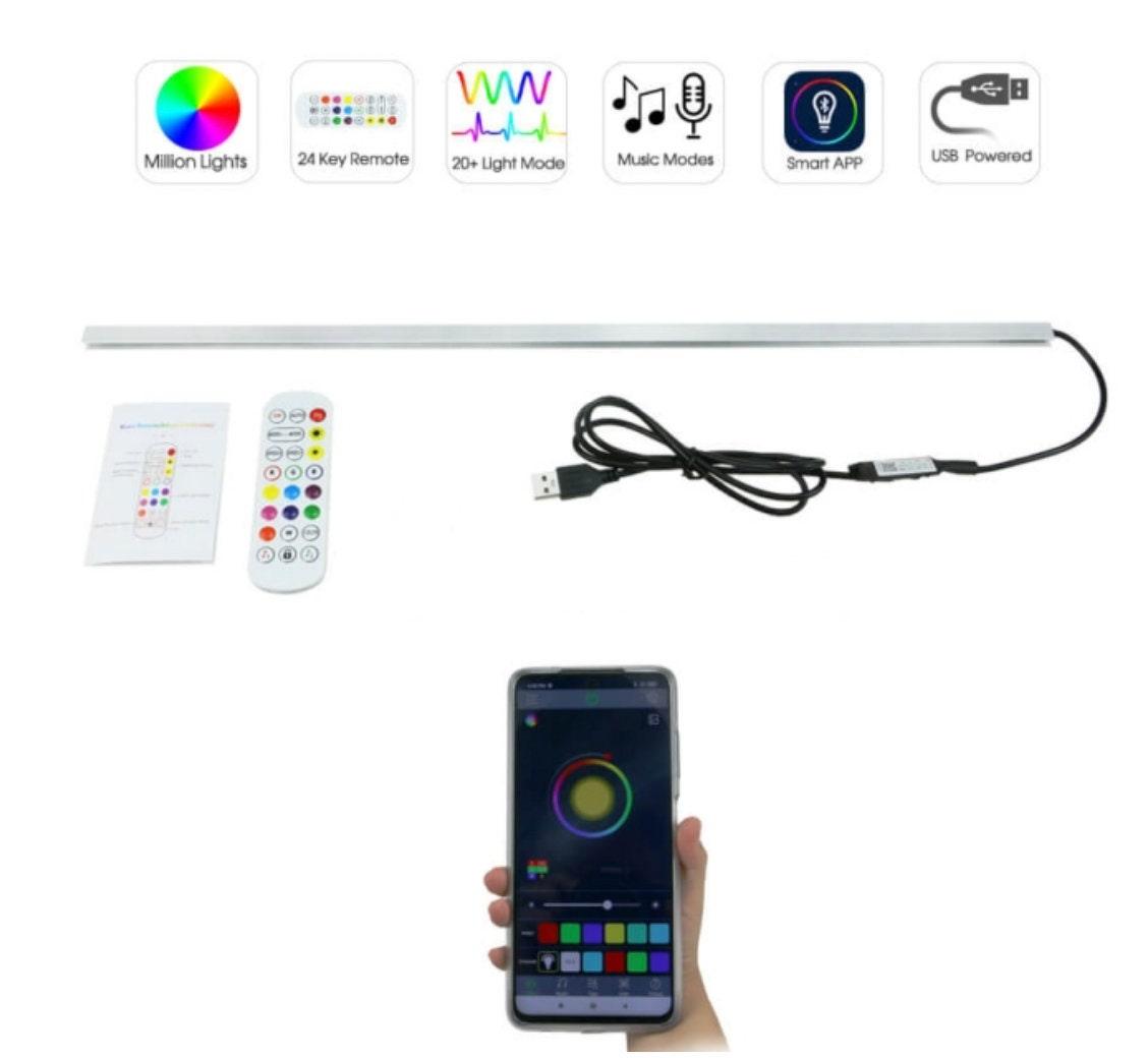 RGB LED nameplate with Bluetooth, USB power, remote control, and smartphone app support.