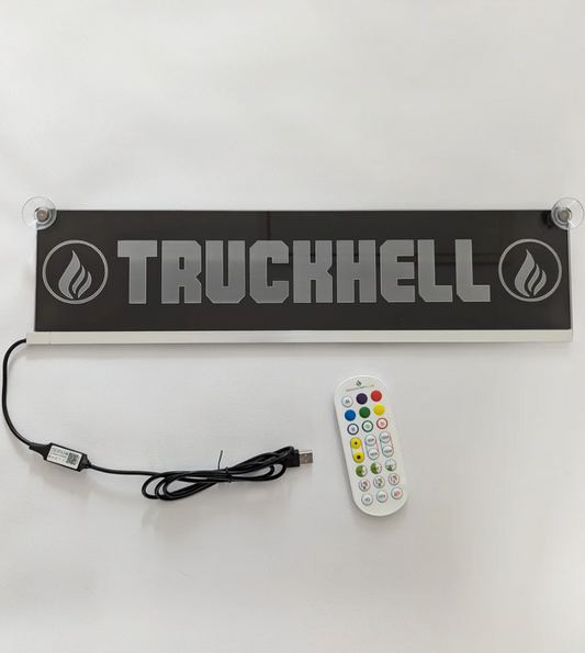 USB LED nametag with 'TRUCKHELL' engraving and remote control for vehicles