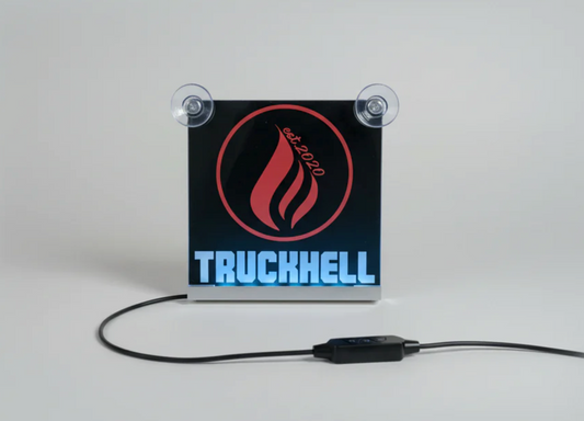 USB LED illuminated nameplate with Truckhell logo and suction cups for trucks or cars