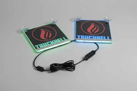 Two illuminated USB LED name signs with suction cups, connected by cable, for trucks or cars
