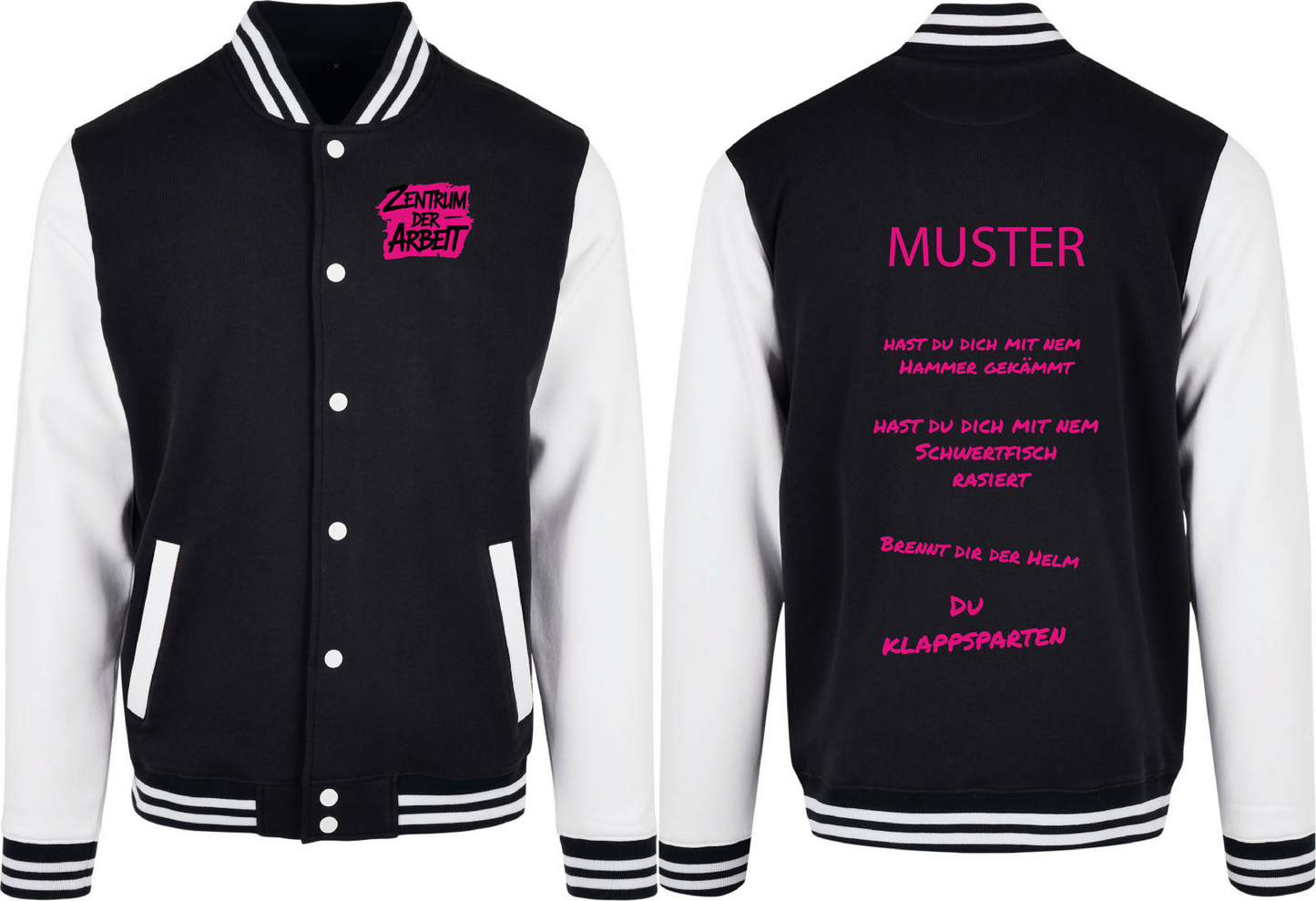 Schwarz-Weiße College Jacke – Zentrum der Arbeit Sprüche Edition