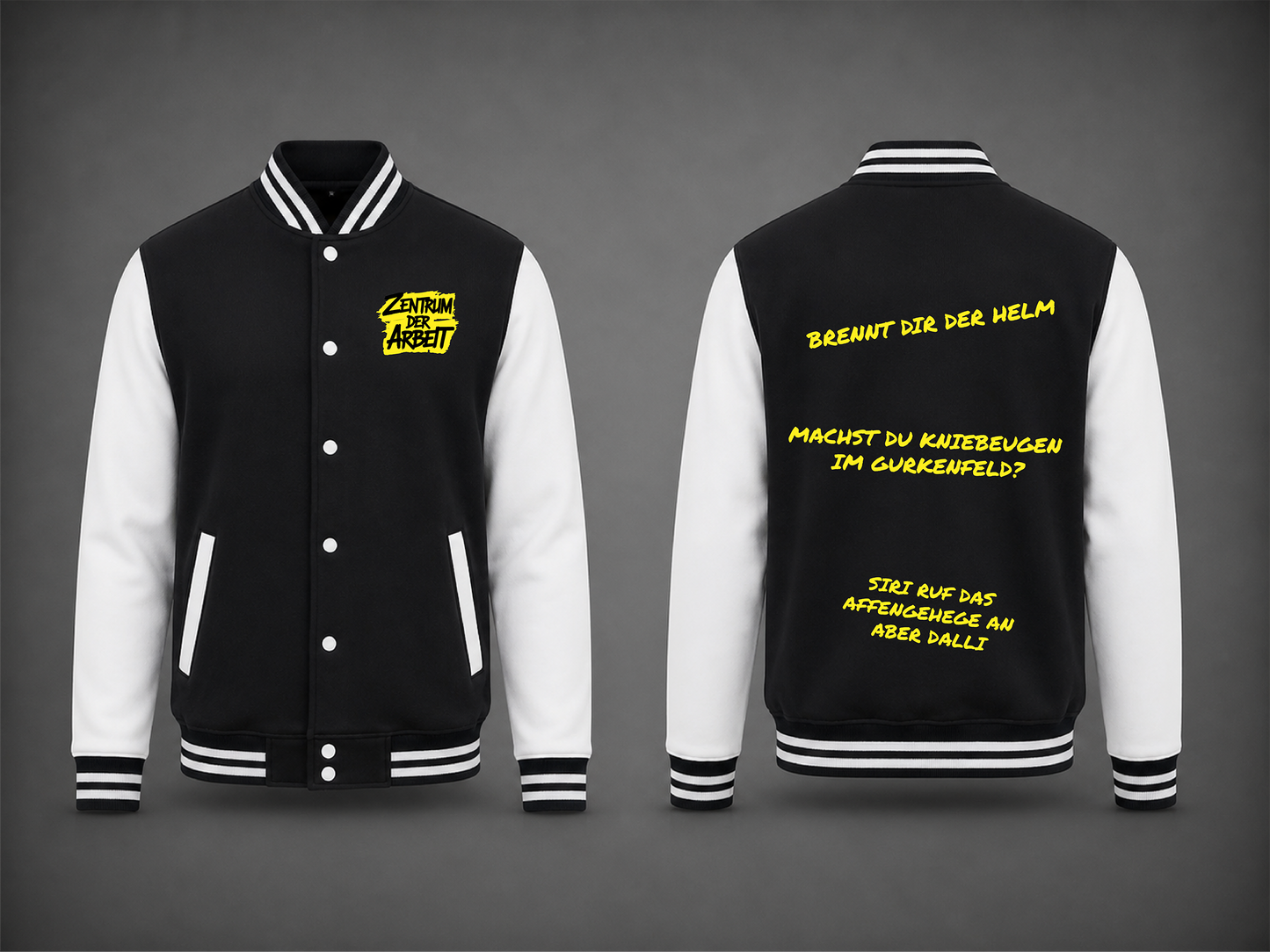 Schwarz-Weiße College Jacke – Zentrum der Arbeit Sprüche Edition