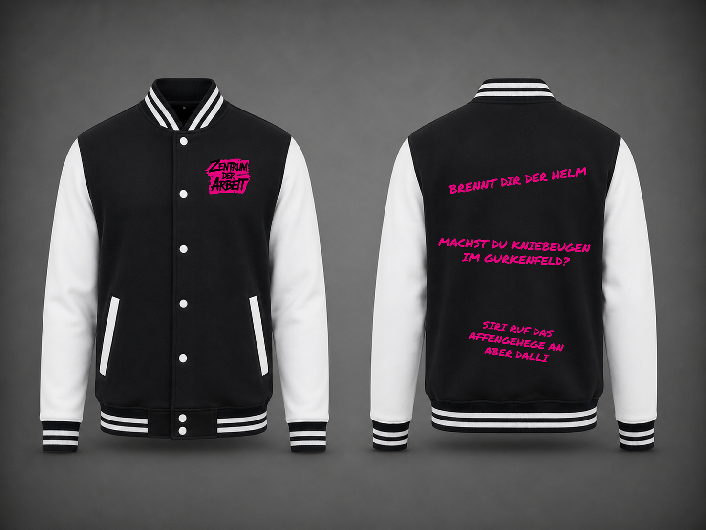 Schwarz-Weiße College Jacke – Zentrum der Arbeit Sprüche Edition