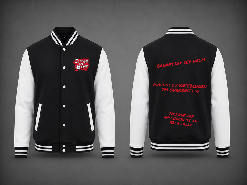 Schwarz-Weiße College Jacke – Zentrum der Arbeit Sprüche Edition
