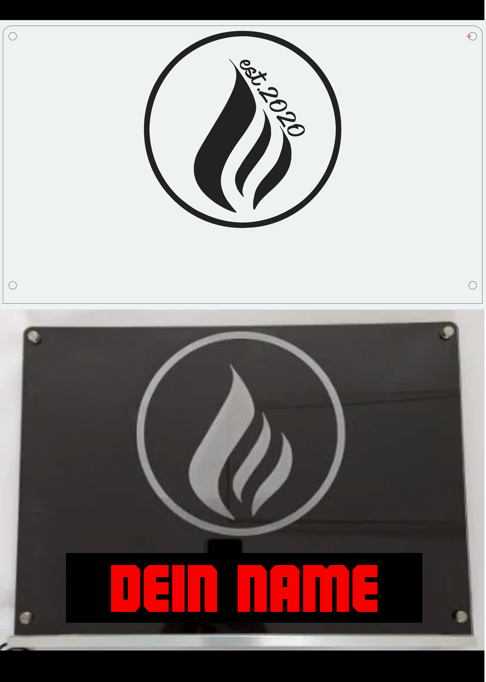 Custom laser-engraved black and white metal plaque with flame logo and personalized text field