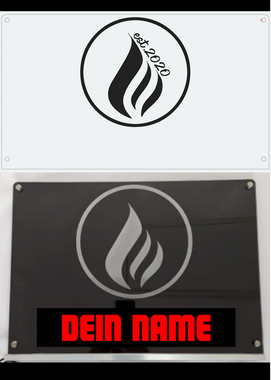 Custom laser-engraved black and white metal plaque with flame logo and personalized text field