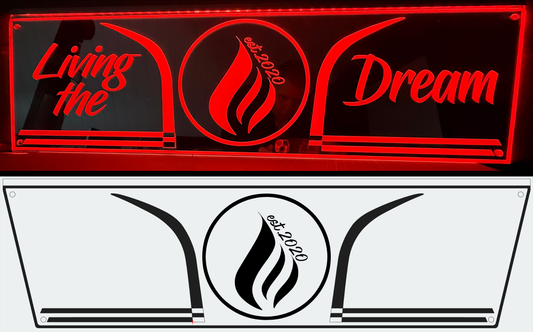 Red illuminated LED acrylic sign with 'Living the Dream' and 'est 2020' flame graphic, for truck decor.