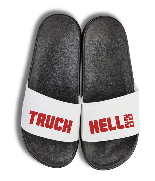 Black slides with white straps reading 'TRUCK HELL 2020' in bold red letters.