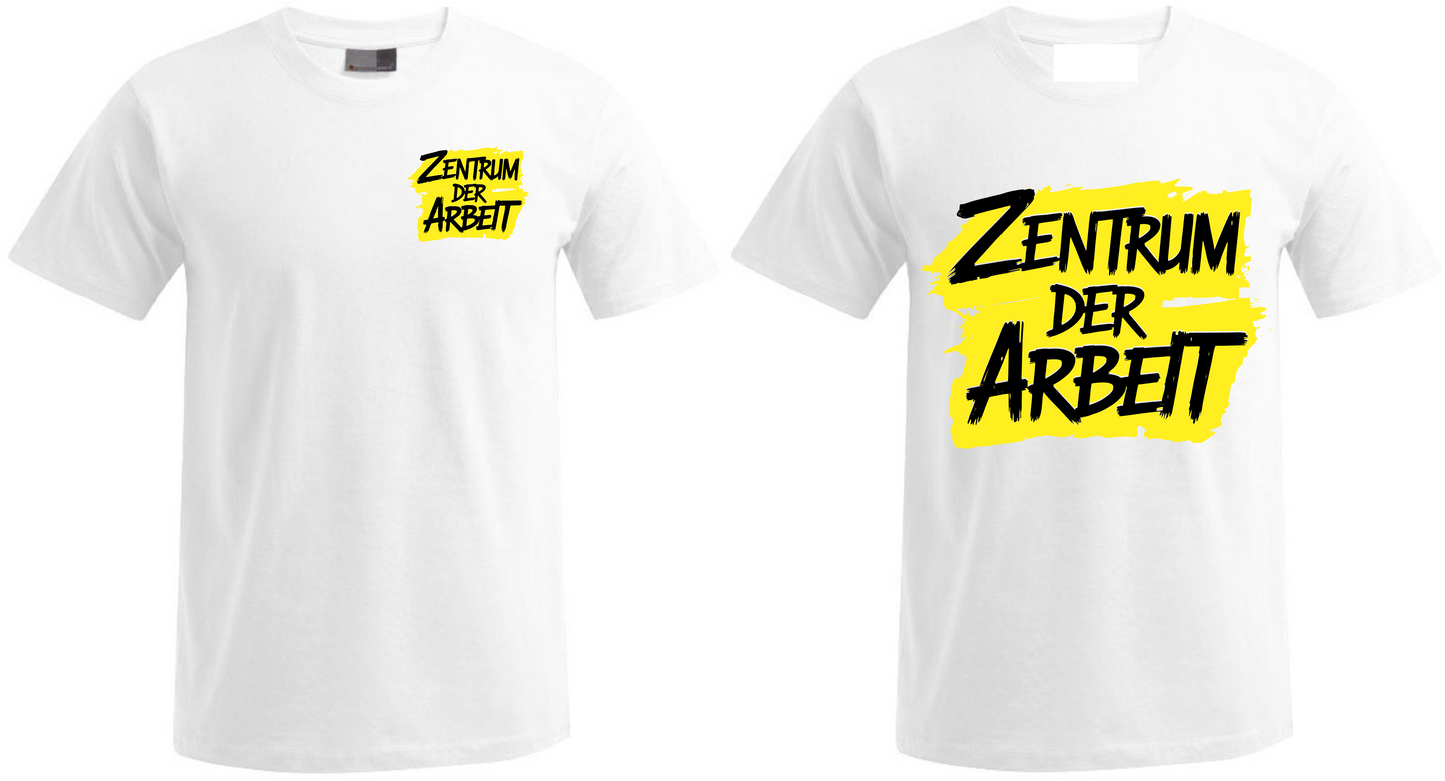 White t-shirts with 'Zentrum der Arbeit' yellow and black print, front and chest designs