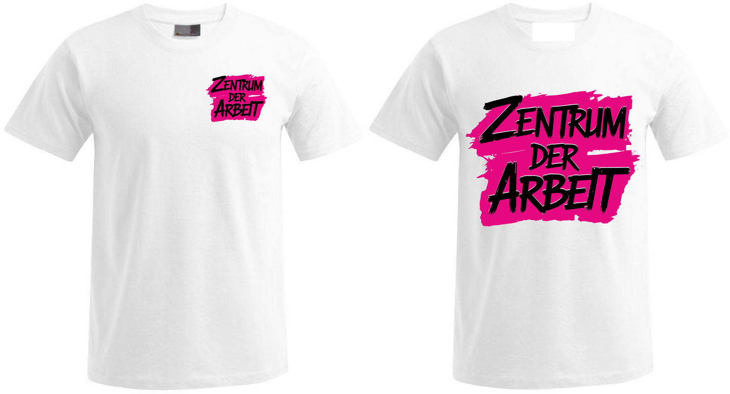 White t-shirts with "Zentrum der Arbeit" pink and black text, small and large print options.