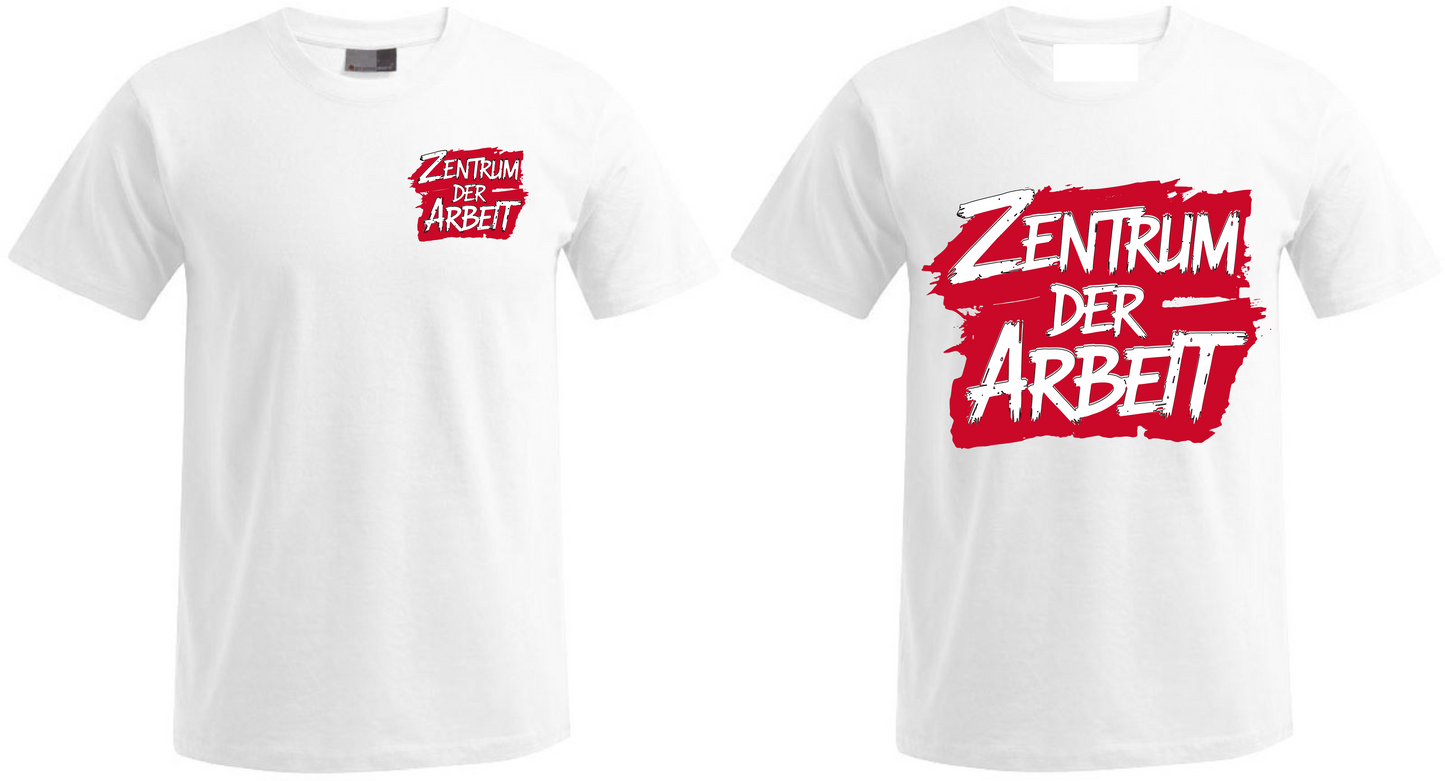 White T-shirts with red Zentrum der Arbeit print, flex or DTF textile printing example