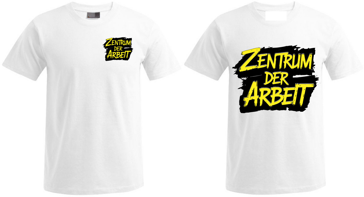 White t-shirts with bold yellow 'Zentrum der Arbeit' graphic, front small and large print options