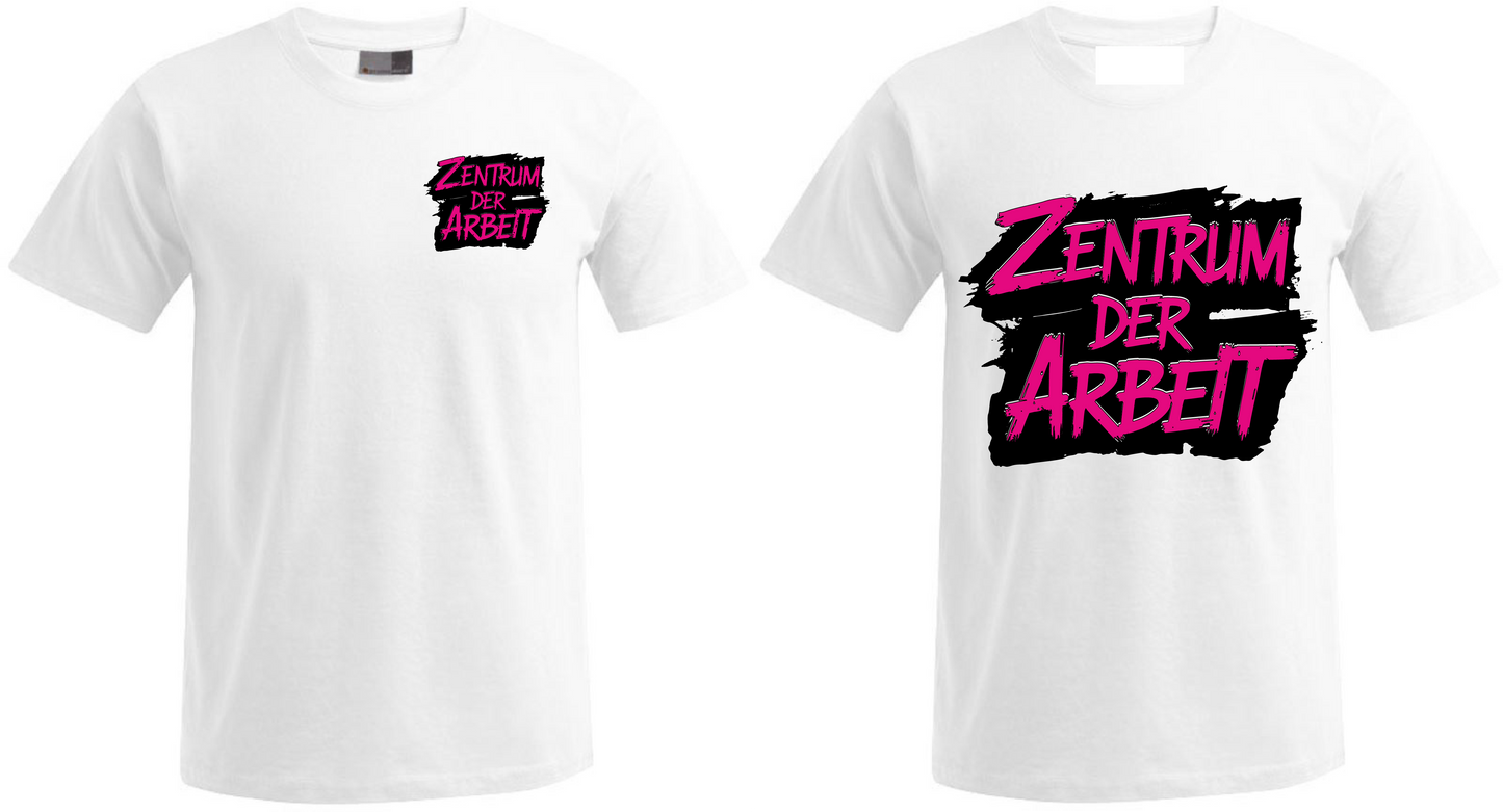 White T-shirts with bold pink and black 'Zentrum der Arbeit' graphic text print