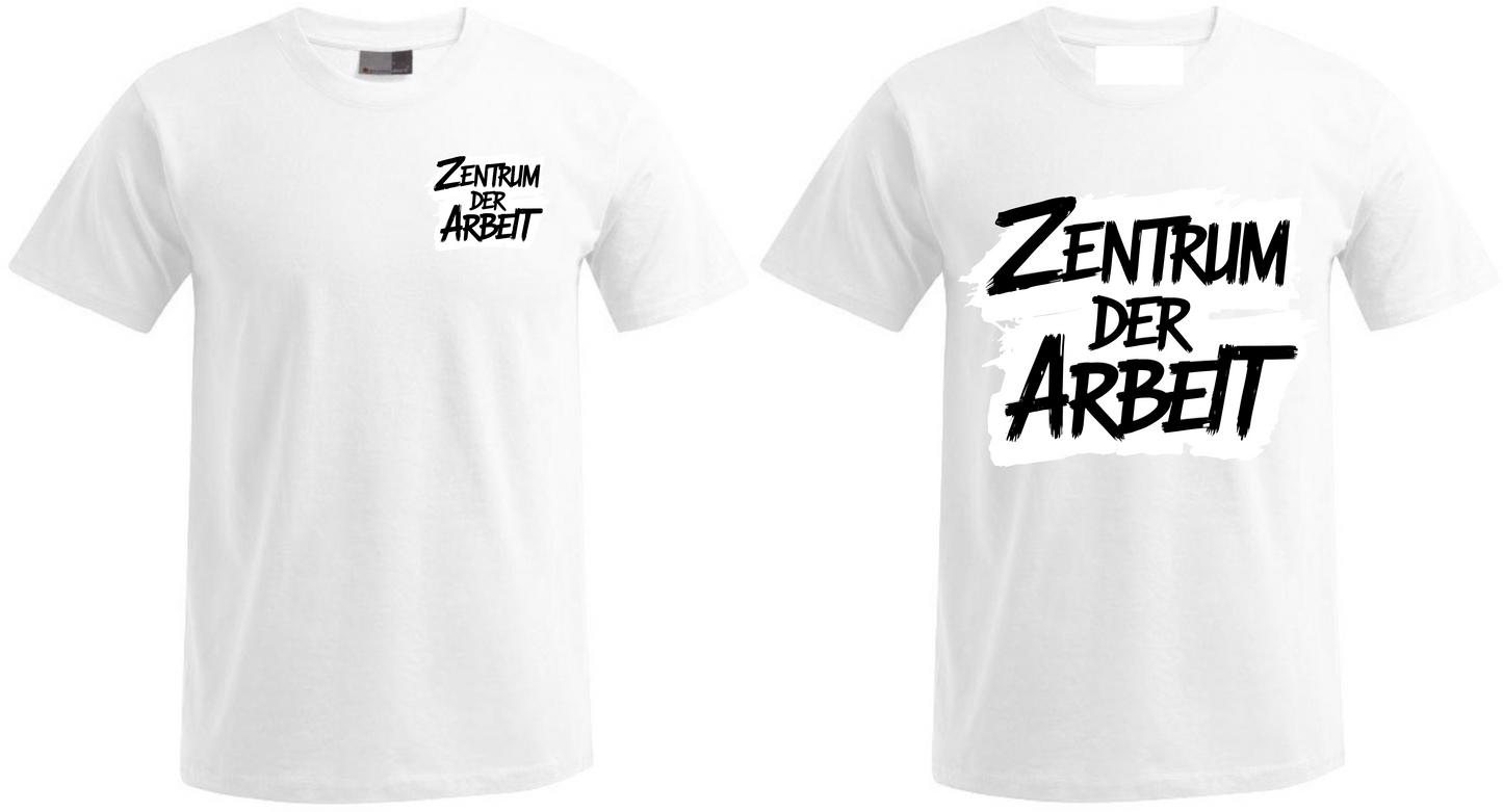 Two white t-shirts with black graphic text 'Zentrum der Arbeit' in different font sizes
