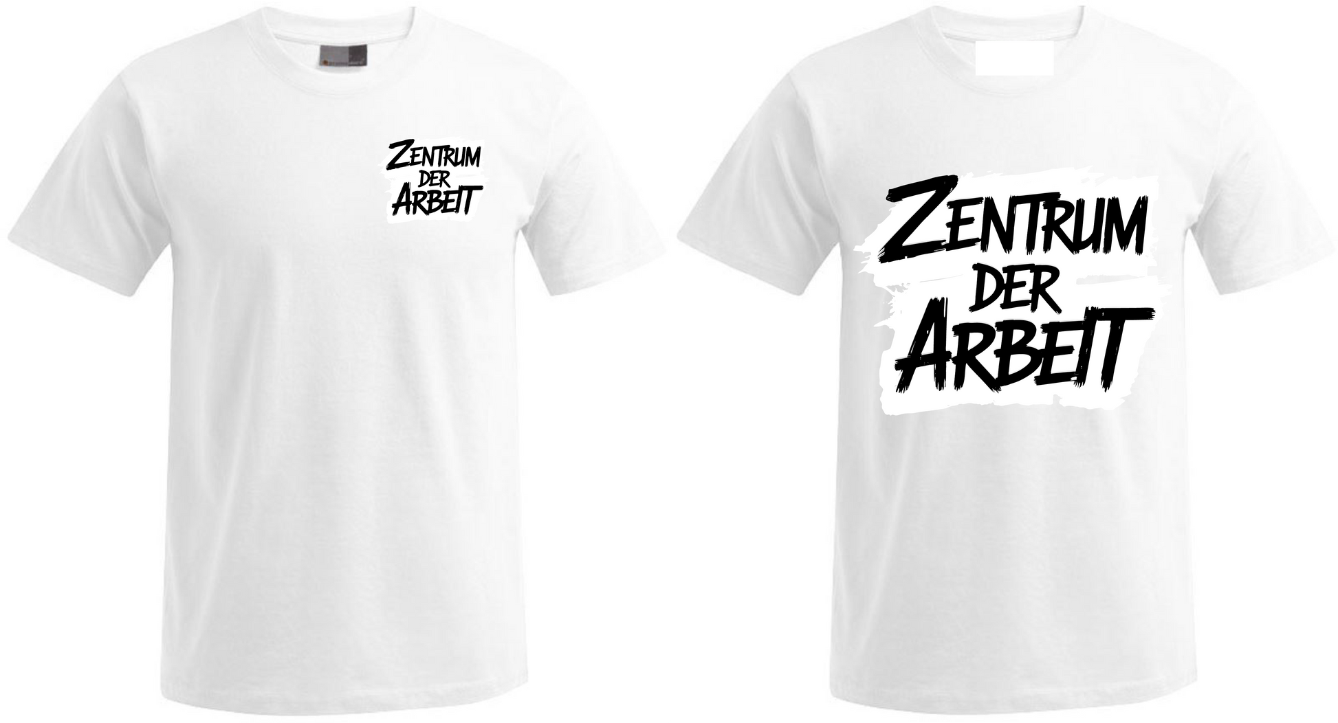 Two white t-shirts with black graphic text 'Zentrum der Arbeit' in different font sizes