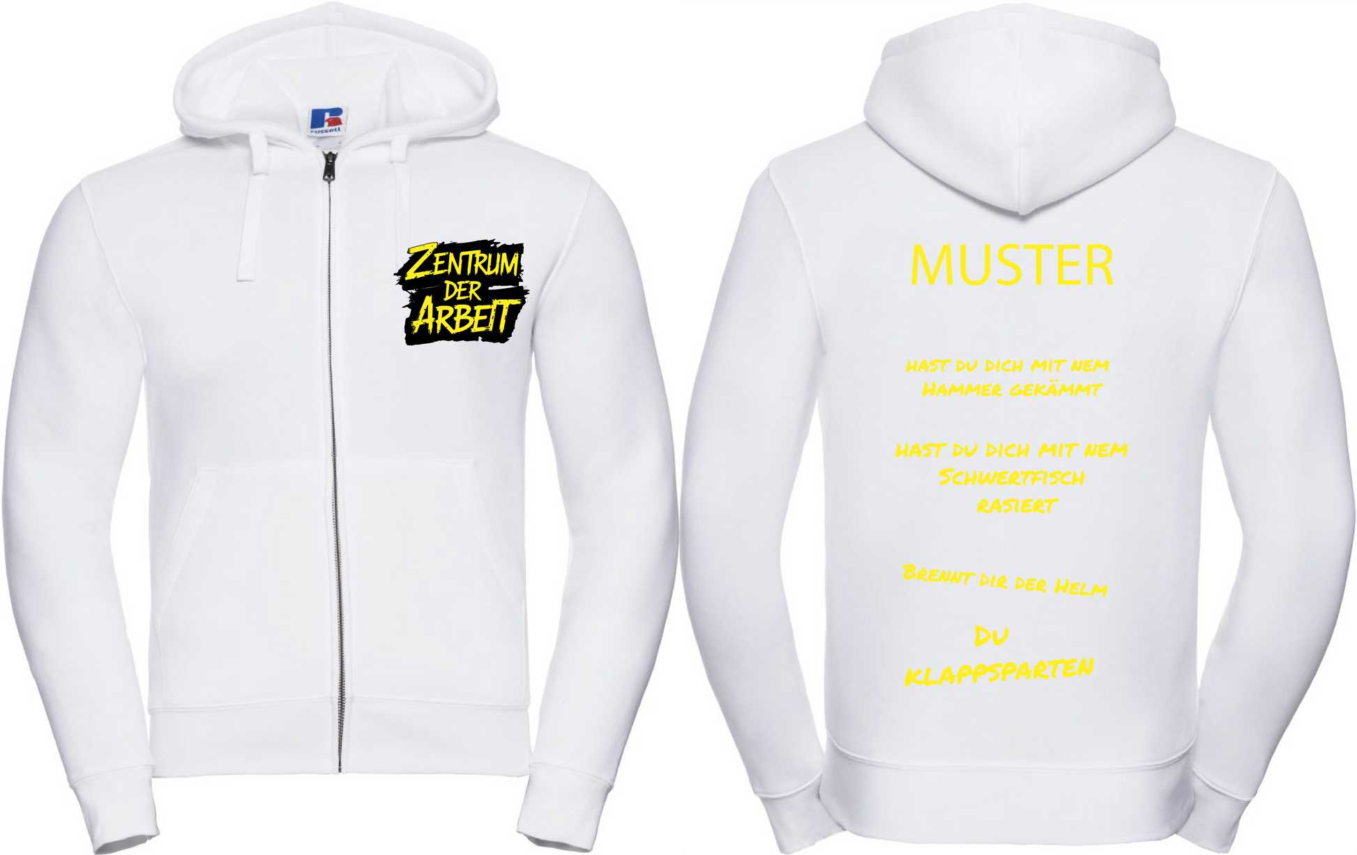 White hoodie with yellow and black 'Zentrum der Arbeit' text on front, custom text on back.