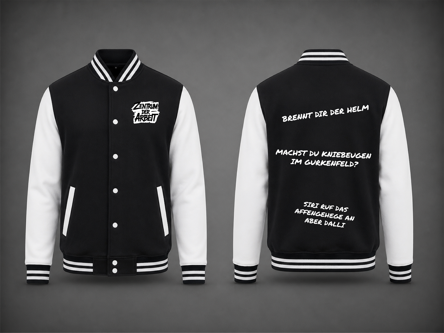 Schwarz-Weiße College Jacke – Zentrum der Arbeit Sprüche Edition