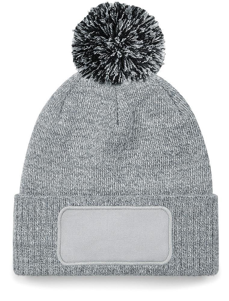 Grey knit beanie with pom-pom and blank customizable patch for text or logo printing