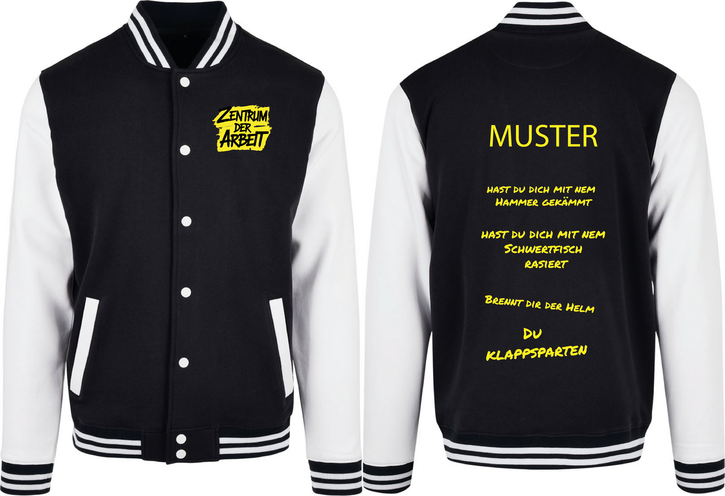 Schwarz-Weiße College Jacke – Zentrum der Arbeit Sprüche Edition