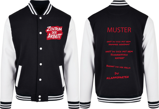 Schwarz-Weiße College Jacke – Zentrum der Arbeit Sprüche Edition