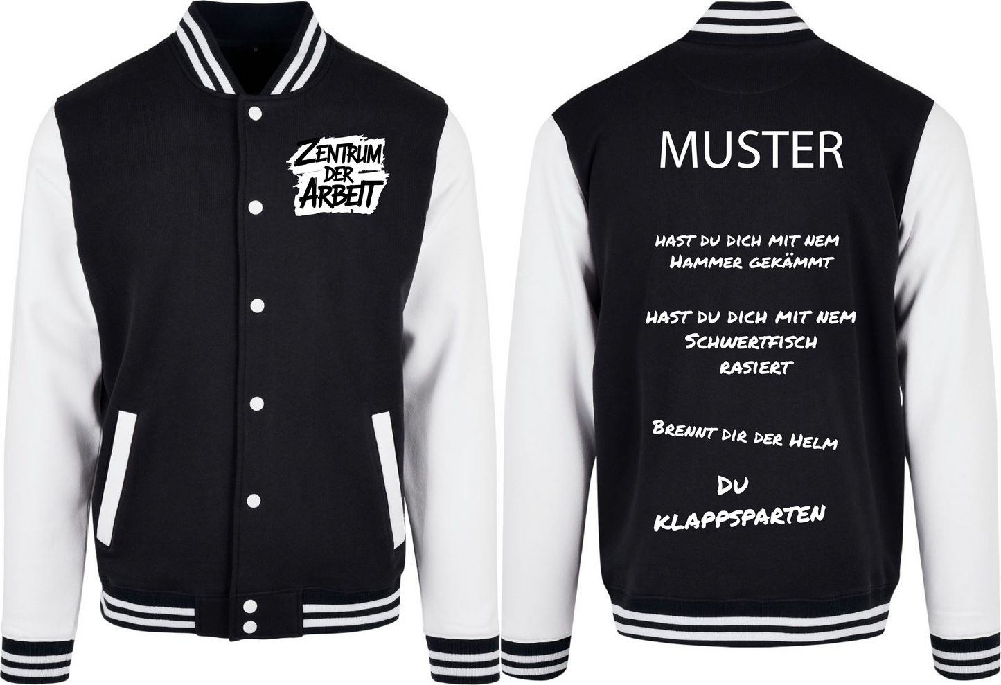 Schwarz-Weiße College Jacke – Zentrum der Arbeit Sprüche Edition