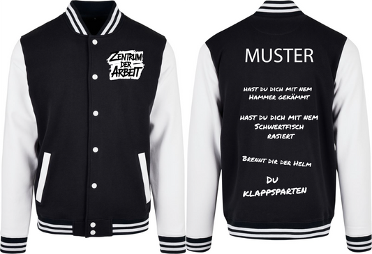 Schwarz-Weiße College Jacke – Zentrum der Arbeit Sprüche Edition
